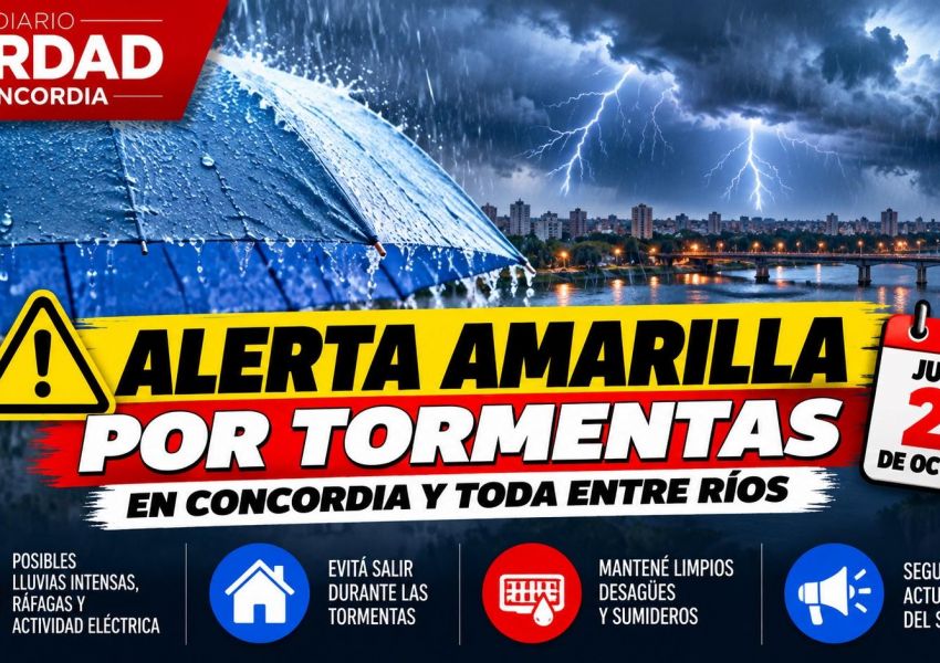Alerta amarilla en Concordia: anticipan tormentas para este jueves y piden tomar precauciones