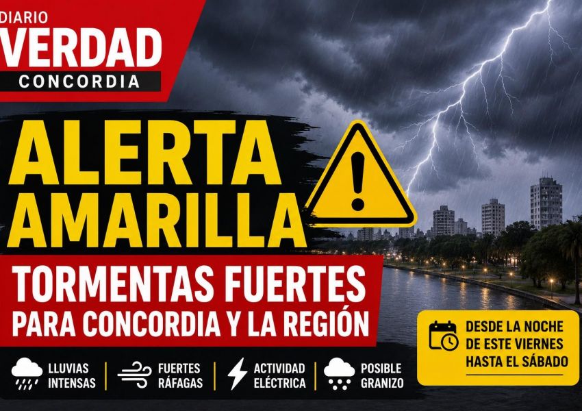 Alerta amarilla por tormentas para Concordia: prevén lluvias intensas, granizo y fuertes ráfagas