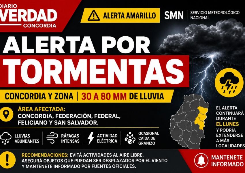 Alerta amarillo por fuertes tormentas: Concordia espera hasta 80 mm de lluvia