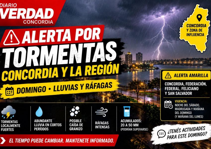 Alerta por tormentas fuertes en Concordia: el domingo comenzaría con lluvias, ráfagas y posible granizo