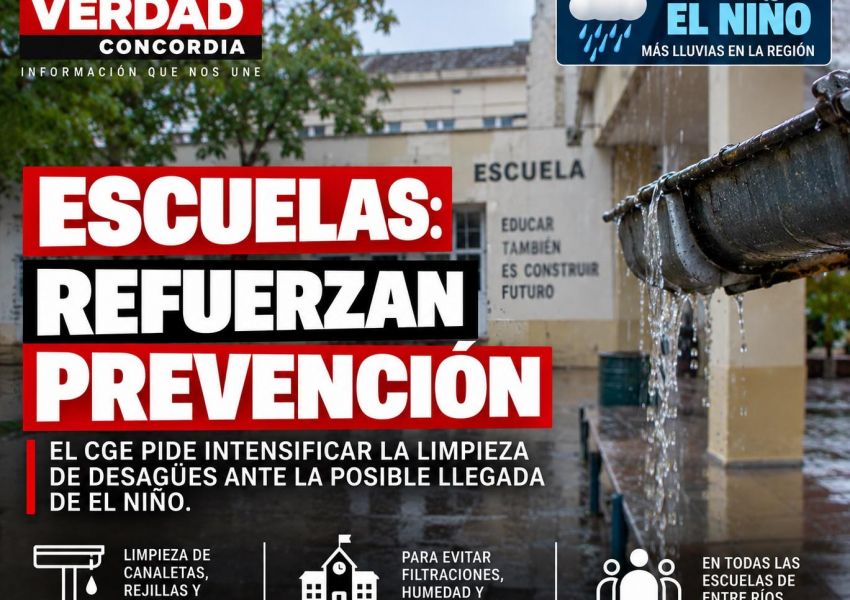 Ante la posible llegada de El Niño, el CGE pide reforzar la prevención en las escuelas entrerrianas