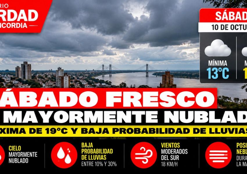 Así estará el tiempo este sábado en Concordia: fresco, nublado y con baja probabilidad de lluvias