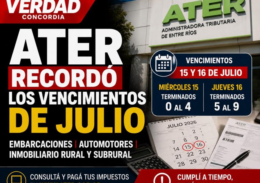 ATER recordó los vencimientos de impuestos que operan durante julio