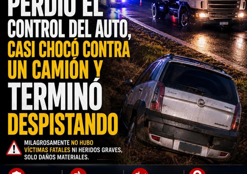 AUTOVÍA 14: Perdió el control del auto, casi chocó contra un camión y terminó despistando