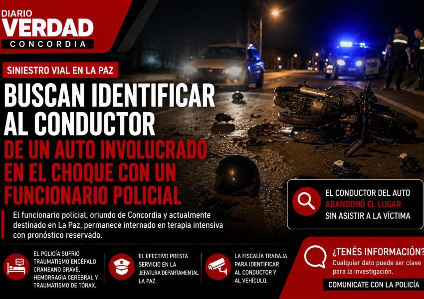 Buscan identificar al conductor de un auto involucrado en el choque que dejó gravemente herido a un policía concordiense