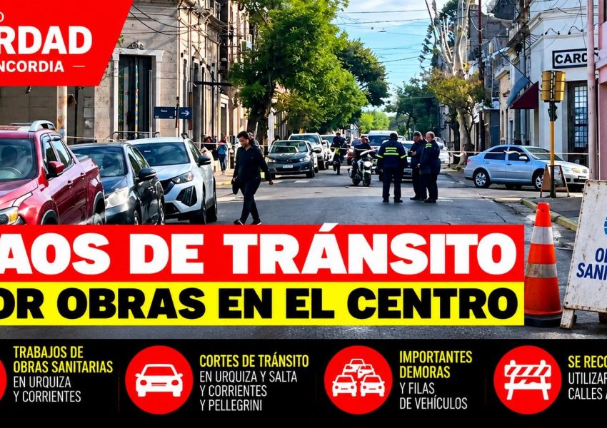 Caos de tránsito en el centro de Concordia por obras de Obras Sanitarias