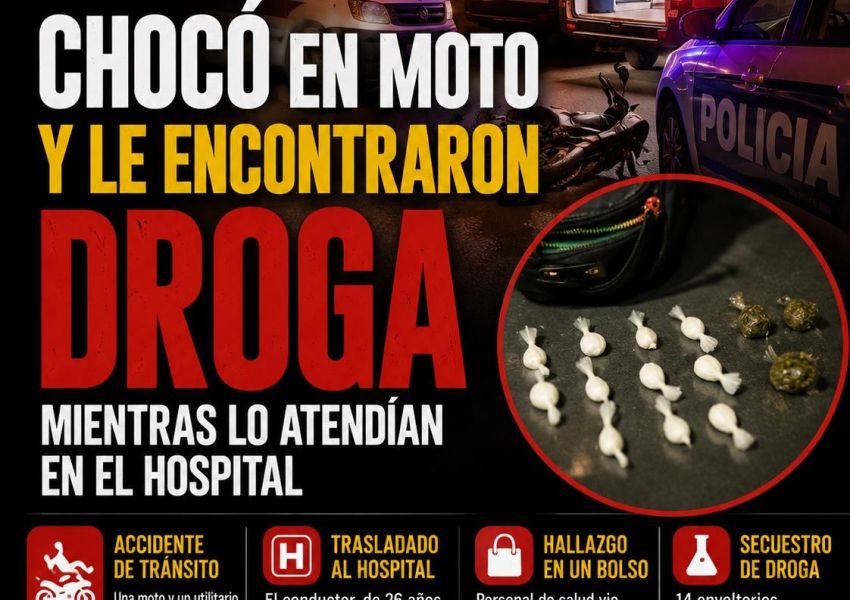 Chocó en moto y descubrieron cocaína y marihuana mientras lo atendían en el hospital