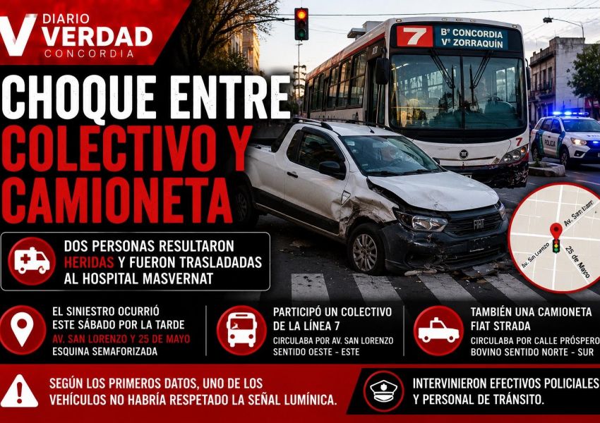 Choque entre un colectivo y una camioneta en Concordia: dos personas fueron hospitalizadas