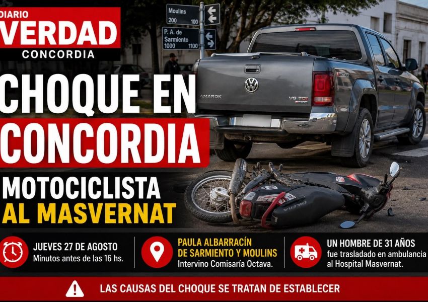 Choque entre una moto y una Amarok en Concordia: un motociclista fue trasladado al Masvernat