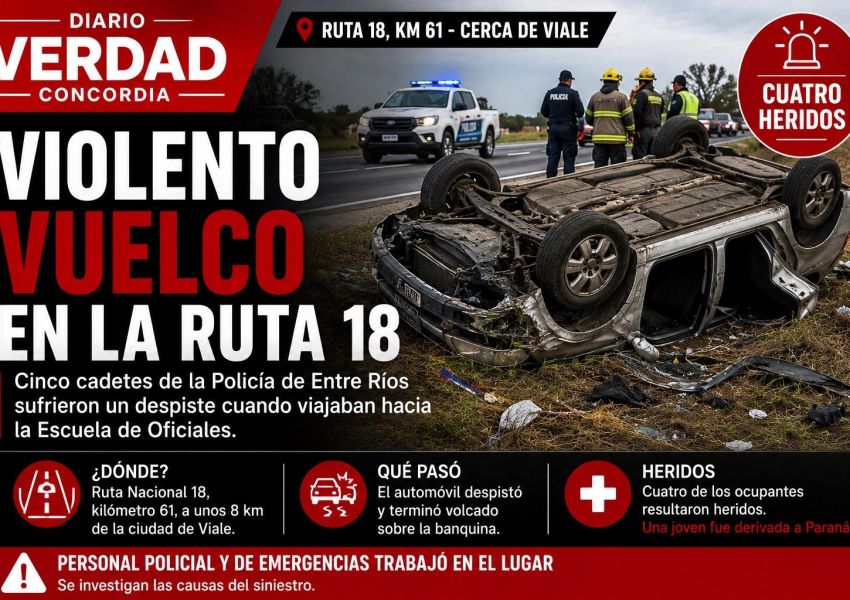 Cinco cadetes de la Policía de Entre Ríos protagonizaron un violento vuelco sobre la Ruta 18
