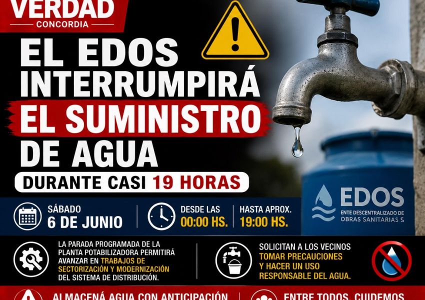 Concordia estará casi 19 horas sin agua: el EDOS anunció un corte programado