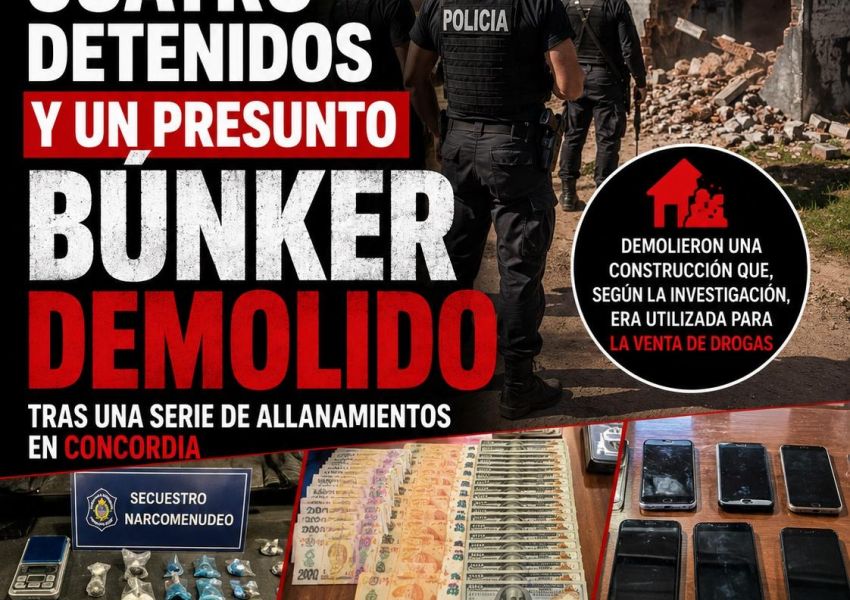 Cuatro detenidos y un presunto búnker demolido tras una serie de allanamientos en Concordia