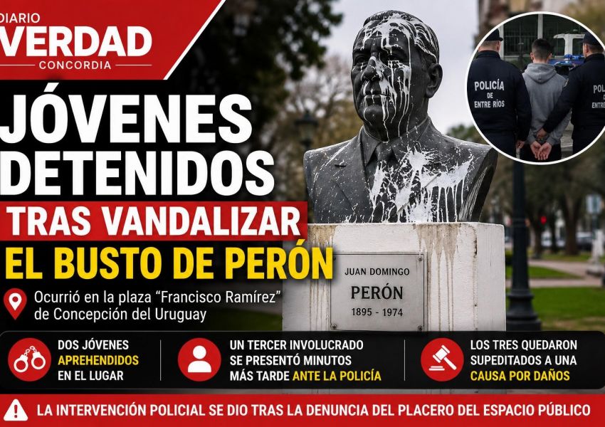 Detuvieron a tres jóvenes por vandalizar el busto de Juan Domingo Perón en una plaza de Concepción del Uruguay