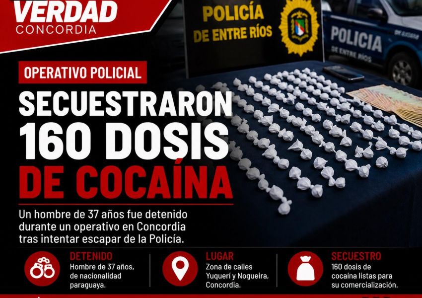Detuvieron a un hombre con 160 dosis de cocaína durante un operativo en Concordia