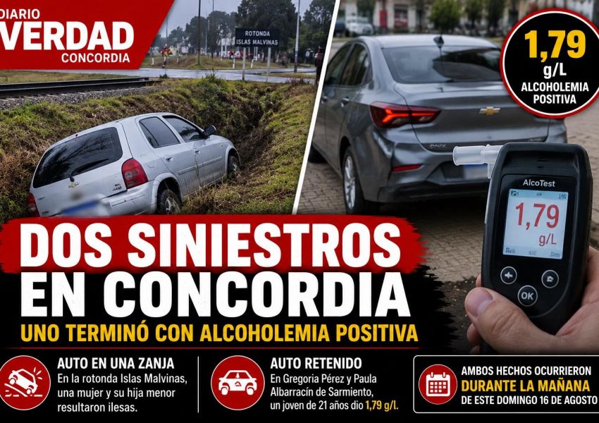 Dos siniestros en Concordia: un auto terminó en una zanja y otro fue retenido por alcoholemia