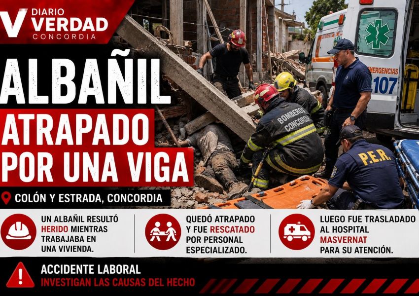 Dramático rescate en Concordia: un albañil quedó atrapado tras caerle una viga encima