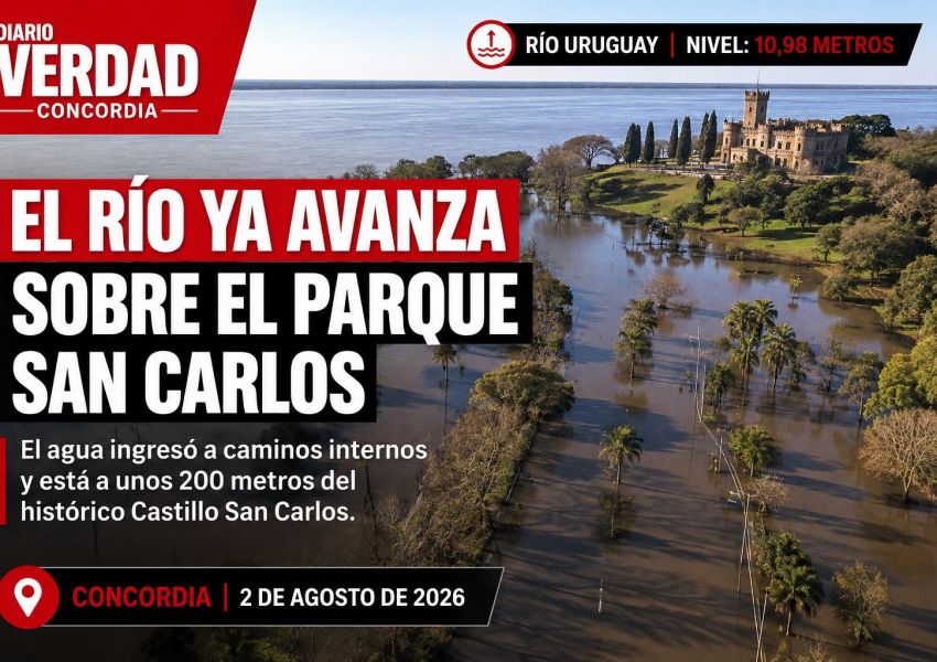 El río Uruguay avanza sobre el Parque San Carlos y el agua ya cubre caminos internos