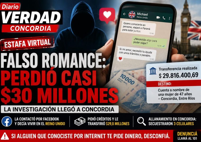 Falso romance por Facebook: una entrerriana perdió casi $30 millones y la investigación llegó a Concordia