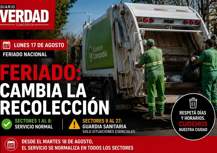 Feriado del lunes en Concordia: en qué sectores habrá recolección normal y dónde funcionará una guardia