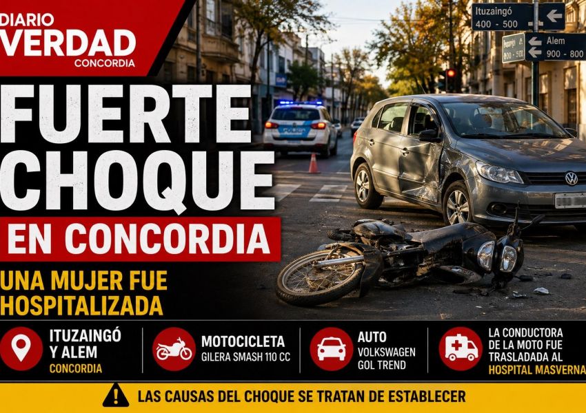 Fuerte choque en pleno Concordia: una motociclista fue trasladada al Hospital Masvernat