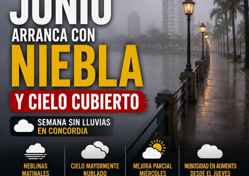 Junio arranca con niebla, cielo cubierto y sin lluvias en Concordia