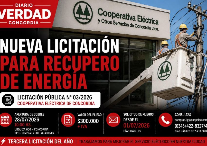 La Cooperativa Eléctrica de Concordia lanzó una nueva licitación para tareas de recupero de energía