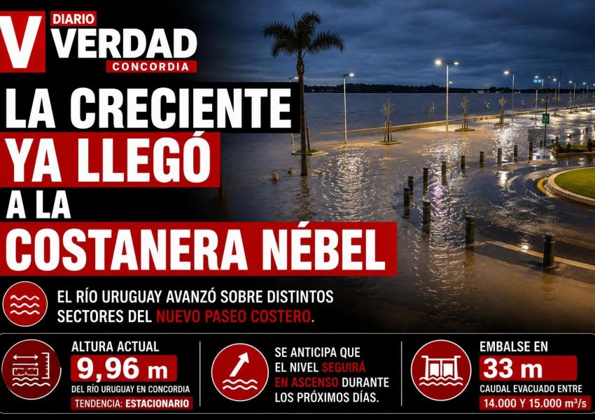 La creciente del río Uruguay ya inundó sectores de la Costanera Nébel en Concordia