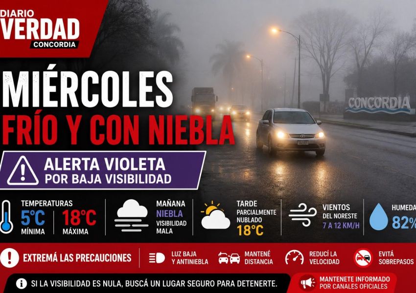Miércoles frío y con niebla en Concordia: rige alerta violeta por baja visibilidad