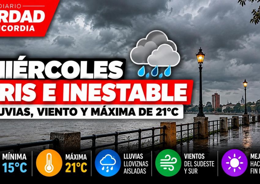 Miércoles gris e inestable en Concordia: anuncian lloviznas, viento y sensación térmica baja