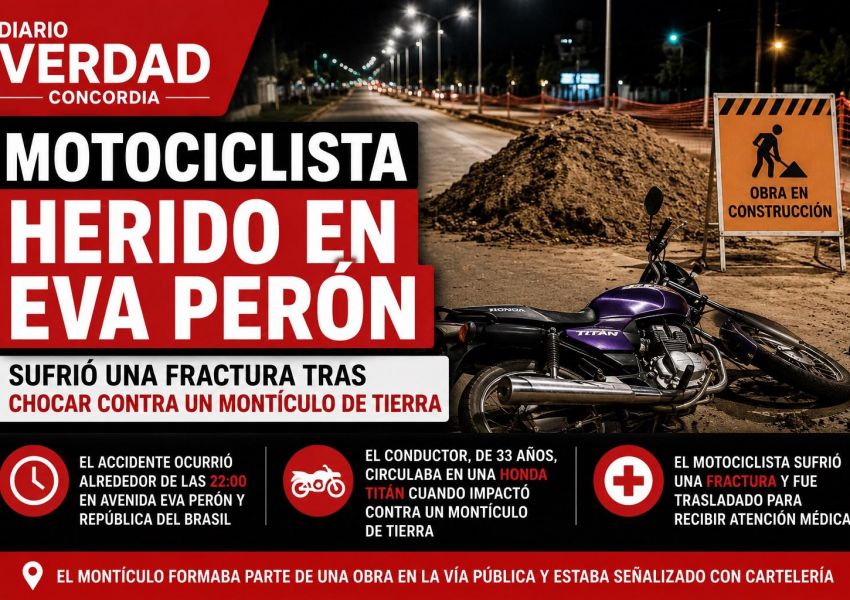 Motociclista sufrió una fractura tras chocar contra un montículo de tierra en avenida Eva Perón