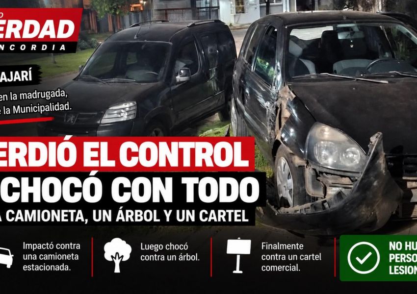 Perdió el control en pleno Chajarí y chocó contra una camioneta, un árbol y un cartel