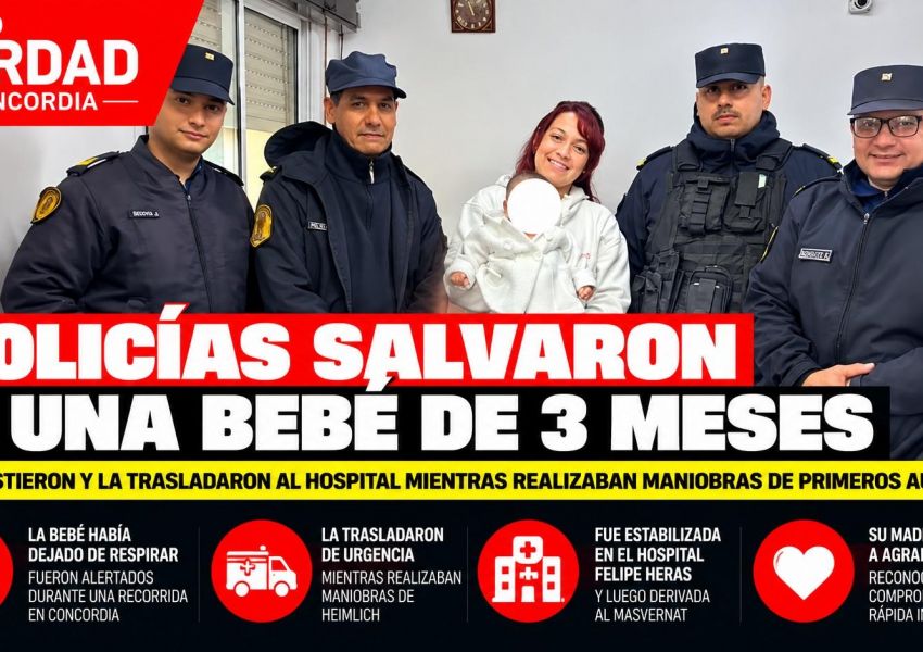 Policías salvaron a una bebé de tres meses que había dejado de respirar en Concordia