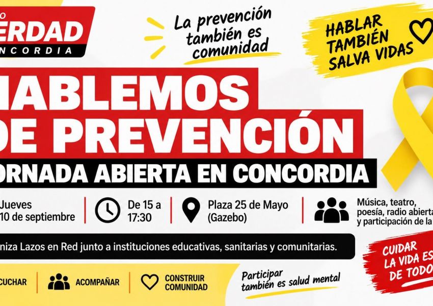 Prevención del suicidio en Concordia: Lazos en Red convoca a una jornada abierta en Plaza 25 de Mayo