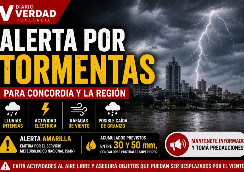 Reiteran alerta por tormentas para Concordia: advierten por lluvias intensas, ráfagas y posible granizo