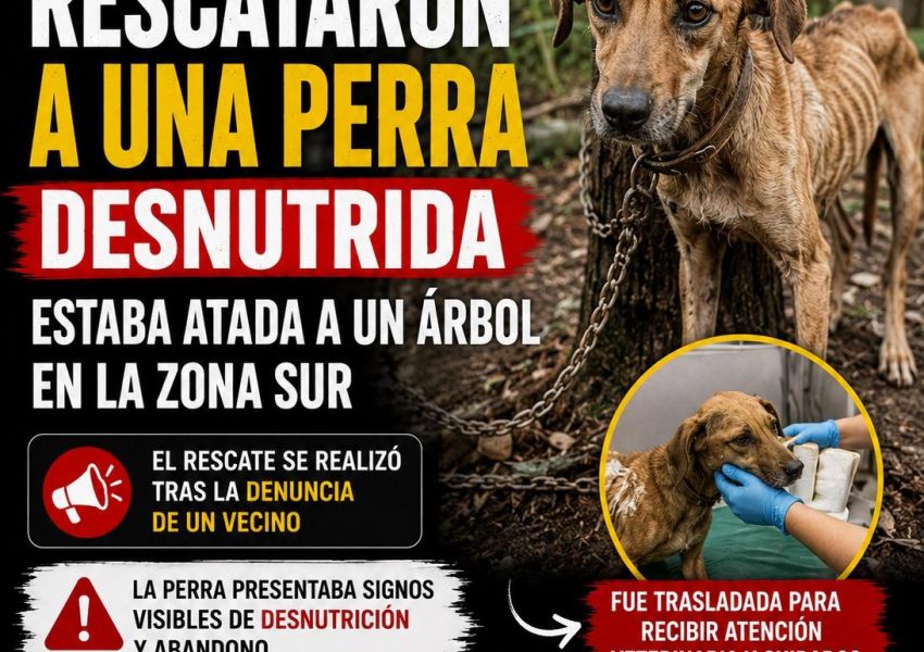 Rescataron a una perra desnutrida que estaba atada a un árbol en la zona sur