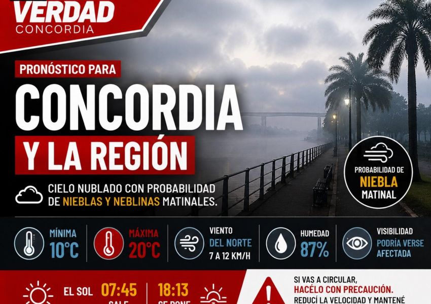 Sábado fresco en Concordia: anuncian nieblas por la mañana y una máxima de 20°C
