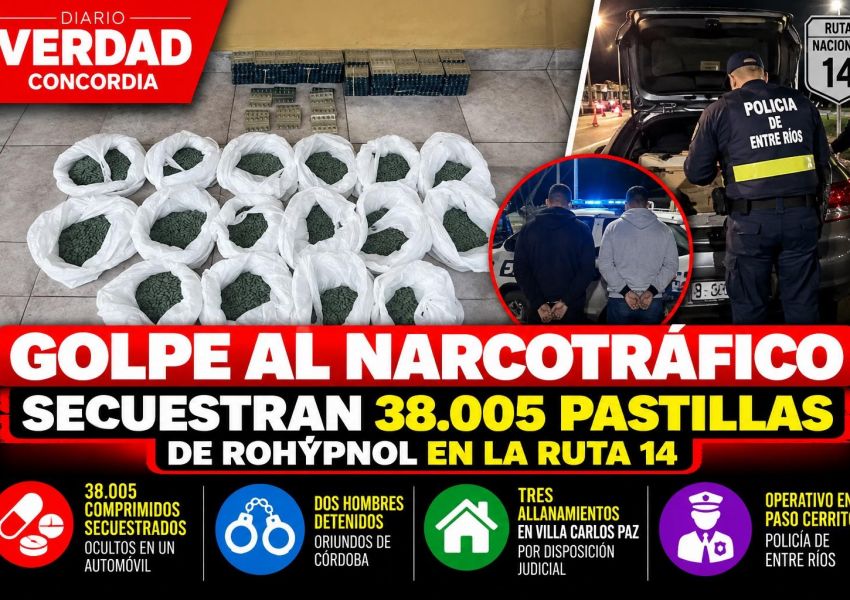 Secuestran más de 38.000 pastillas de Rohypnol en la Ruta 14 y detienen a dos cordobeses