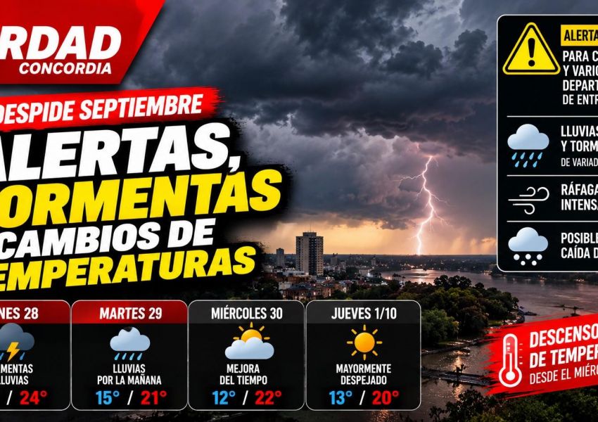 Septiembre se despide con tormentas, alerta amarilla y un marcado descenso de temperatura en Concordia