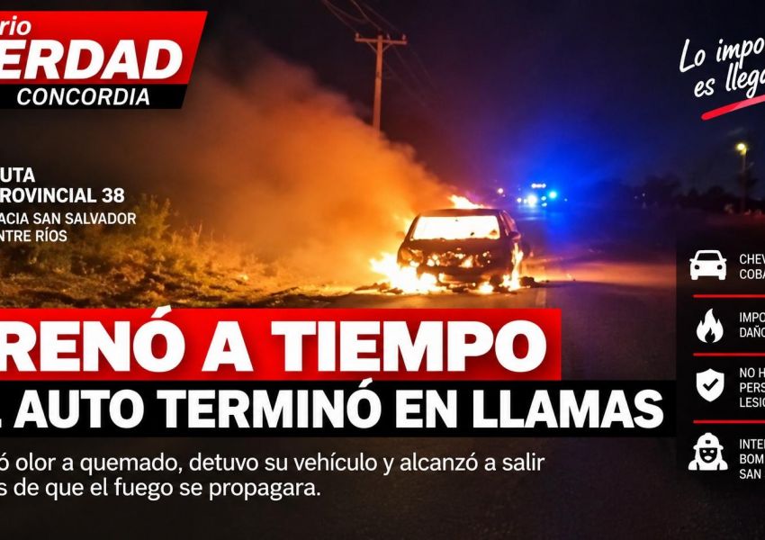 Sintió olor a quemado, frenó a tiempo y su auto terminó incendiado en plena ruta