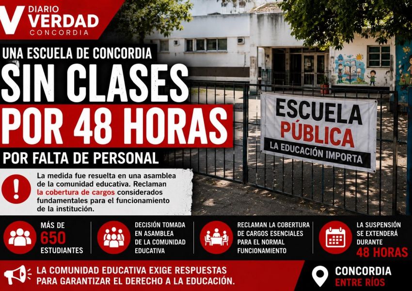 Suspendieron las clases por 48 horas en una escuela de Concordia por falta de personal