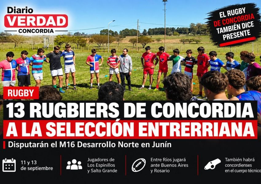 Trece rugbiers de Concordia fueron convocados para representar a Entre Ríos en el M16 Desarrollo