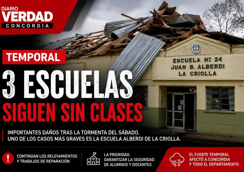 Tres escuelas siguen sin clases tras el fuerte temporal que azotó Concordia