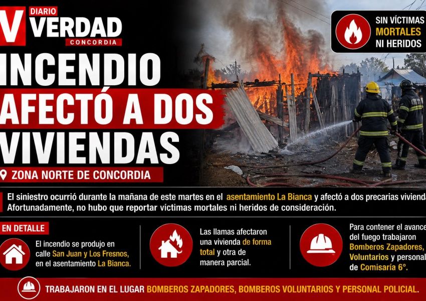 Un incendio destruyó una vivienda y dañó otra en el asentamiento La Bianca