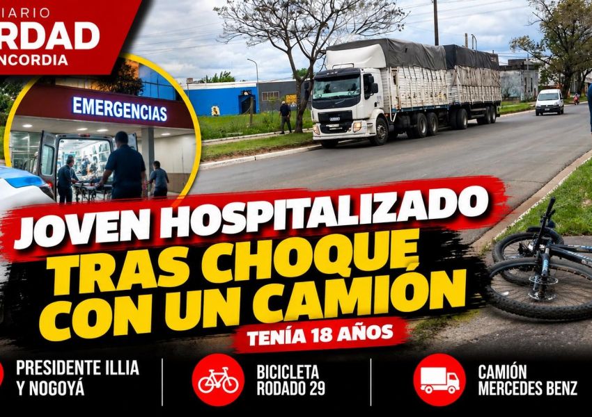 Un joven de 18 años terminó hospitalizado tras un choque entre una bicicleta y un camión en Concordia