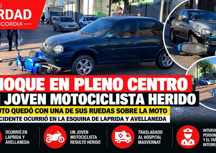 Un joven motociclista resultó herido tras chocar con un auto en pleno centro de Concordia