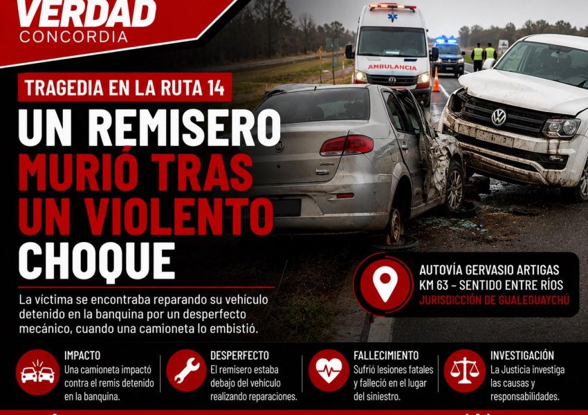 Un remisero murió tras un violento choque en la Autovía 14 mientras reparaba su vehículo