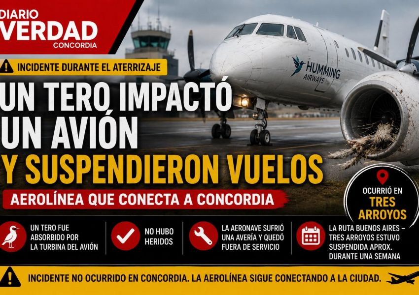 Un tero impactó contra el motor de un avión de la aerolínea que conecta a Concordia: suspendieron vuelos