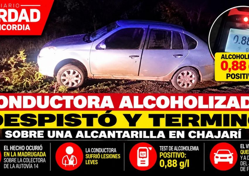 Una conductora alcoholizada despistó y terminó sobre una alcantarilla en Chajarí