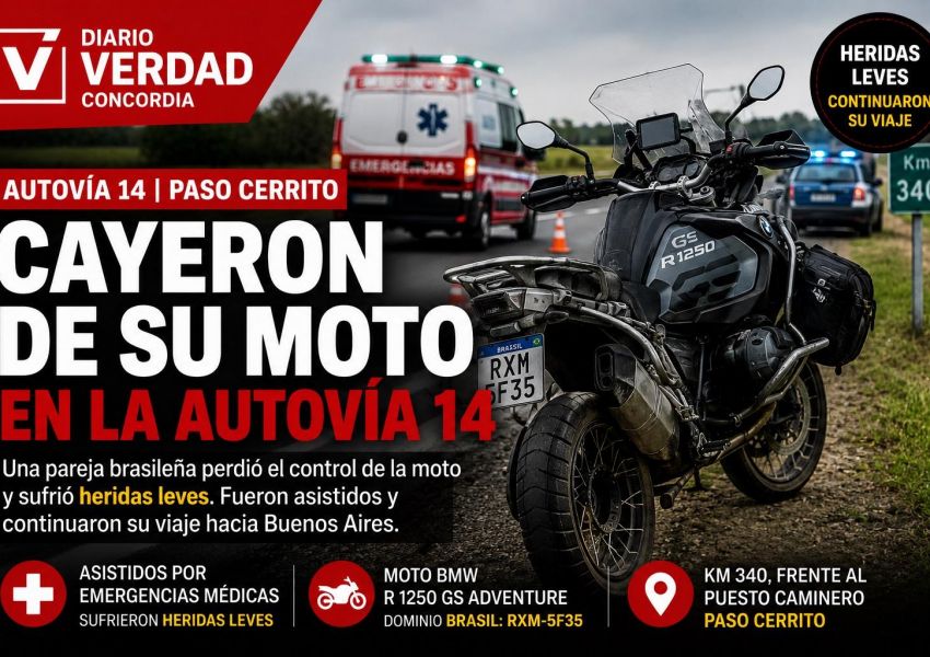 Una pareja brasileña cayó de su moto en la Autovía 14 y resultó con heridas leves