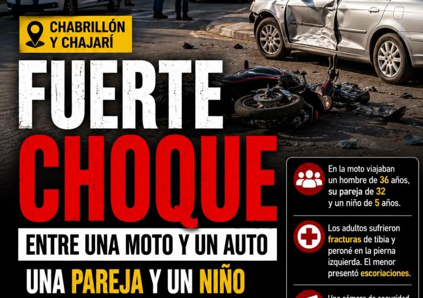 Una pareja y un niño terminaron hospitalizados tras un violento choque entre una moto y un auto